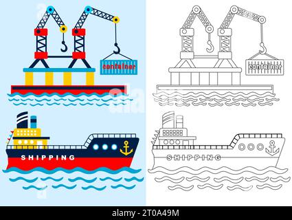Navire cargo avec grue, coloriage ou livre, illustration de dessin animé vectoriel Illustration de Vecteur