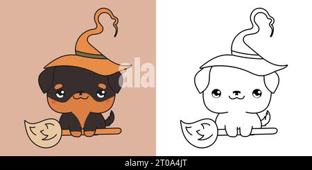 Halloween Kawaii Rottweiler Dog pour la page à colorier et l'illustration. Adorable Art Halloween Puppy Illustration de Vecteur