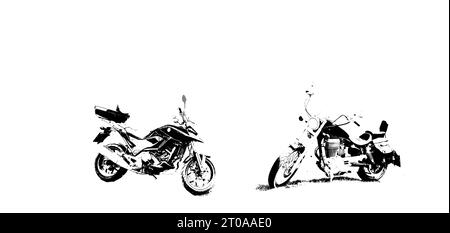 Comparaison illustration de style graffity noir et blanc de moto de tourisme moderne et moto hachoir vintage à l'ancienne. Banque D'Images