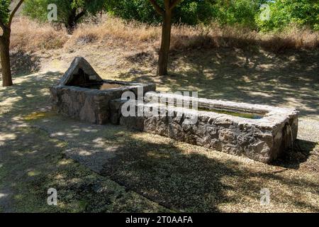 Fontaine en pierre rustique et long abreuvoir sous les ombres des arbres dans le village rural de Carabaña, Espagne Banque D'Images