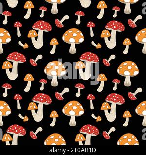 Motif de champignons sans couture avec de nombreux champignons de couleurs différentes sur un fond noir Illustration de Vecteur