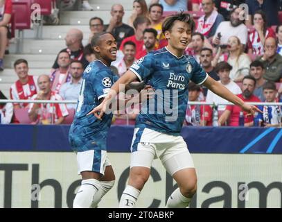 But de célébration Ayase Ueda lors du match de football du Groupe E de l'UEFA Champions League entre l'Atletico de Madrid et le Feyenoord le 4 octobre 2023 au stade Civitas Metropolitano de Madrid, Espagne - photo Laurent Dairys /DPPI Banque D'Images