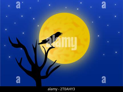 Illustration de fond de nuit avec corbeau et pleine lune Banque D'Images