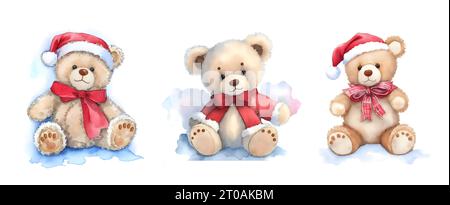 Ours de Noël. Trois adorables ours en peluche aquarelle du nouvel an dans des décorations de Noël. Isolé sur fond blanc. Dessin animé. Clip Art.. Cartes postales, pr Banque D'Images