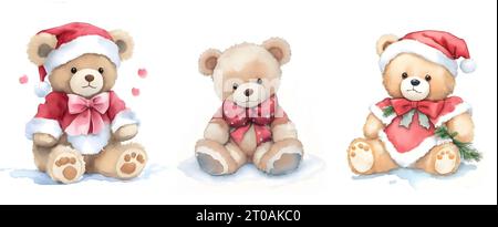 Ours de Noël. Trois adorables ours en peluche aquarelle du nouvel an dans des décorations de Noël. Isolé sur fond blanc. Dessin animé. Clip Art.. Cartes, impression, Banque D'Images