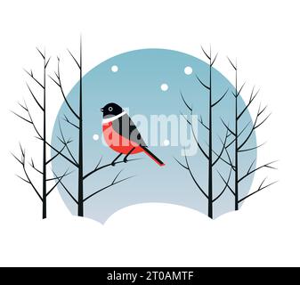 Bullfinch Chubby sur branche de sapin. Personnage vectoriel mignon d'un oiseau d'hiver rouge dans un style dessiné à la main à la mode. Parfait pour une impression, une carte postale ou une étiquette Illustration de Vecteur