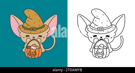 Kawaii Clipart Halloween Sphynx Cat Illustration et pour Coloriage page. Drôle Kawaii Halloween PET. Illustration de Vecteur