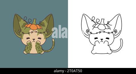Mignon Halloween Abyssinian Cat Clipart Illustration et Noir et blanc. Drôle clip Art Halloween PET Illustration de Vecteur