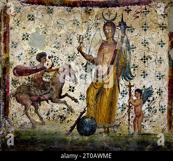 ISIS-Fortuna tenant un sistrum, galope Luno et Cupidon avec une torche. House of Philocalus Fresco Pompéi Roman City est situé près de Naples dans la région Campanie en Italie. Pompéi a été enterré sous 4-6 m de cendres volcaniques et de ponce lors de l'éruption du Vésuve en 79. Italie Banque D'Images