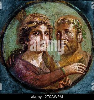 Omphale et Hercule 45-79 AD (quatrième style pompéien) Fresco Pompéi Roman City est situé près de Naples dans la région Campanie de l'Italie. Pompéi a été enterré sous 4-6 m de cendres volcaniques et de ponce lors de l'éruption du Vésuve en 79. Italie Banque D'Images