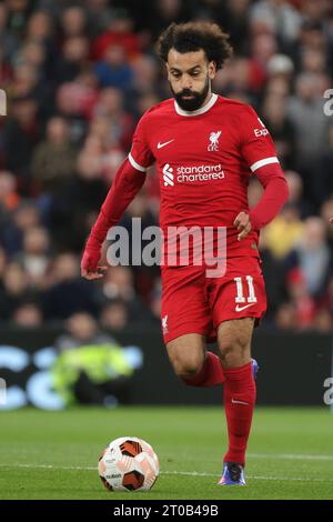 Liverpool, Royaume-Uni. 05 octobre 2023. Mohamed Salah de Liverpool photographié en action lors d'un match entre l'équipe belge de football Royale Union Saint Gilloise et le Liverpool FC anglais, le mercredi 04 octobre 2023 à Liverpool, au Royaume-Uni, le jour 2 de la phase de groupes de la compétition UEFA Europa League, dans le groupe E. BELGA PHOTO VIRGINIE LEFOUR crédit : Belga News Agency/Alamy Live News Banque D'Images