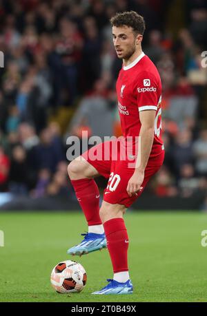 Liverpool, Royaume-Uni. 05 octobre 2023. Le Diogo Jota de Liverpool photographié en action lors d'un match entre l'équipe belge de football Royale Union Saint Gilloise et le Liverpool FC anglais, le mercredi 04 octobre 2023 à Liverpool, au Royaume-Uni, le jour 2 de la phase de groupes de la compétition UEFA Europa League, dans le groupe E. BELGA PHOTO VIRGINIE LEFOUR crédit : Belga News Agency/Alamy Live News Banque D'Images