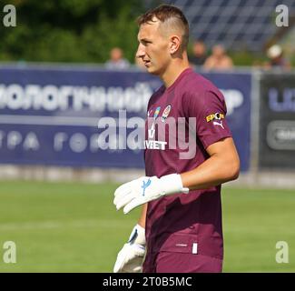 Uzhhorod, Ukraine - 2 septembre 2023 : le gardien de but Dmytro Riznyk du Shakhtar Donetsk en action lors du match VBET Ukrainian Premier League contre Minaj à l'arène Minaj à Uzhhorod, Ukraine Banque D'Images