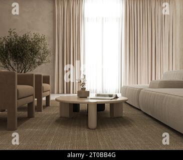 Salon minimaliste gris avec grand canapé modulable, fauteuils et fond de fenêtre. Vue sur la nature japonaise moderne et lumineuse. rendu 3d. Haute qualité 3d. Banque D'Images