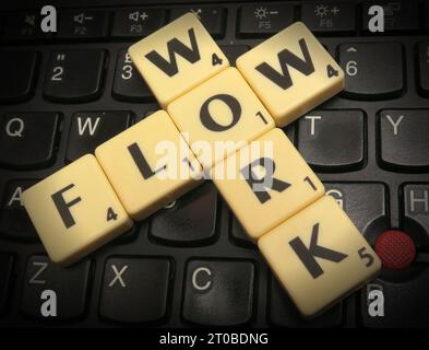 Workflow en lettres Scrabble, automatisation des systèmes informatiques et des processus Banque D'Images