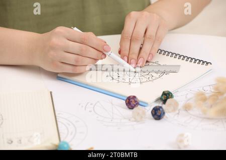 Astrologue utilisant la roue du zodiaque pour la prévision de destin à table, closeup. Dire la fortune Banque D'Images