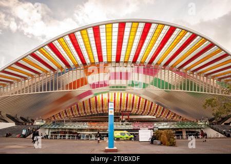 Photo de l'entrée de la gare de Liège Guillemins. La gare de Liège-Guillemins, officiellement Liège-Guillemins, est la gare principale de Liège Banque D'Images