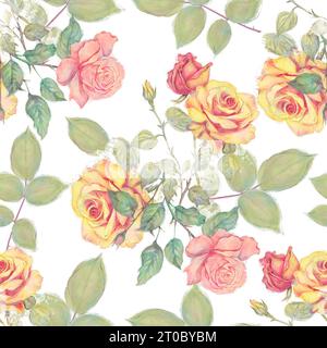 peinture numérique de motif sans couture avec des roses et des feuilles isolées sur fond blanc Banque D'Images