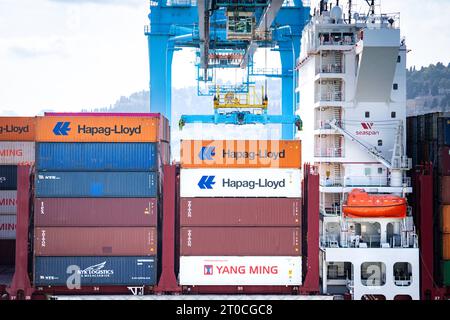 Containerschiff ONE Freedom Am Hafen von Barcelona XL-Containerschiff ONE Freedom BJ. 2022, 366 m zu Gast im Hafen von Barcelona. Mit seinen bis zu 15Ö242 Boxen an bord zu den grossen Containerschiffen. DAS Schiff gehoert zur Klasse der Ultra large Container Ships ULCS und ist in der Gruppe der weltweit groessten derzeit eingesetzten Containerschiffe angesiedelt. Barcelona Spanien *** porte-conteneurs ONE Freedom au port de Barcelone XL porte-conteneurs ONE Freedom BJ 2022, 366 m à l'invité au port de Barcelone avec ses boîtes jusqu'à 15Ö242 à bord des grands porte-conteneurs dont le navire fait partie Banque D'Images