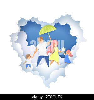 Coeur de style de papier découpé en couches avec père de famille heureux, mère avec leur fils et fille marchant le long des nuages moelleux avec parapluie, illustration vectorielle Illustration de Vecteur