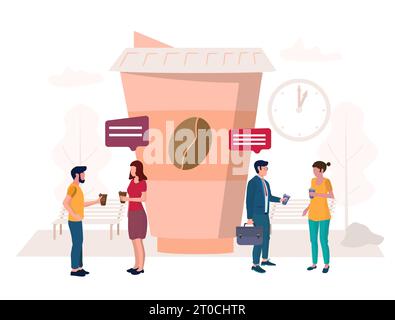 Illustration vectorielle de concept de pause café. Énorme tasse à café à emporter et micro personnages masculins et féminins avec du café pour aller communiquer, discuter ainsi Illustration de Vecteur