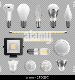 Ensemble d'ampoules LED, illustration vectorielle isolée sur fond transparent. Projecteurs et hauts luminaires, tube, lampes domestiques, etc Énergie Illustration de Vecteur