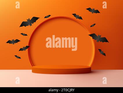 Affichage de produit de thème orange Halloween décoration de podium orange 3D avec cercle et éléments coupés en papier en forme de chauve-souris noire sur fond de mur orange. Hallo Illustration de Vecteur