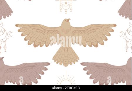 Motif décoratif sans couture avec des oiseaux volants et des symboles sacrés. Eagle à texture plate vectorielle avec ailes déployées et totem Boho sur fond blanc. Illustration de Vecteur