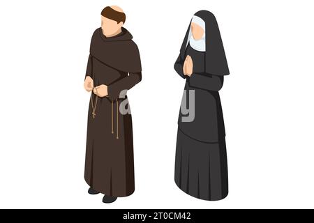 Moine catholique chrétien isométrique, Une religieuse en robes traditionnelles sur fond blanc Illustration de Vecteur