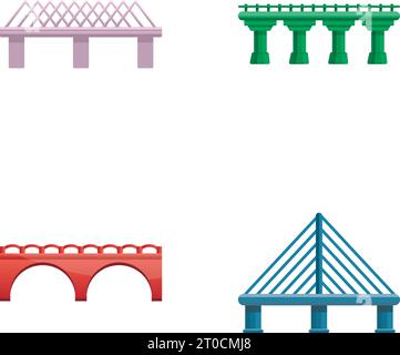 Icônes de pont définir vecteur de dessin animé. Divers types de pont. Construction de routes, infrastructures Illustration de Vecteur