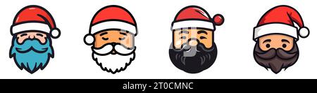 Visage du Père Noël avec barbe et moustache. Ensemble d'icônes de Noël. Mignon tête de dessin animé du Père Noël dans un chapeau. Illustration vectorielle. Ensemble d'icônes de Noël Illustration de Vecteur