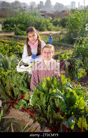 Agricultrices, femme et jeune fille, tenant des betteraves fraîches Banque D'Images