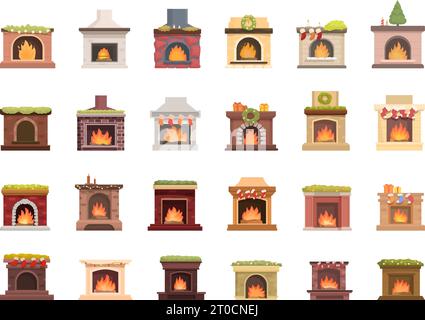 Icônes de cheminée de Noël ensemble vecteur de dessin animé. Intérieur de la maison chaud. Salon de la maison Illustration de Vecteur