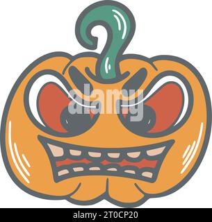 Illustration de doodle de citrouille d'halloween effrayante. Légume d'automne avec visage sculpté clip art. Personnage de citrouille effrayant, illustration vectorielle isolée Illustration de Vecteur