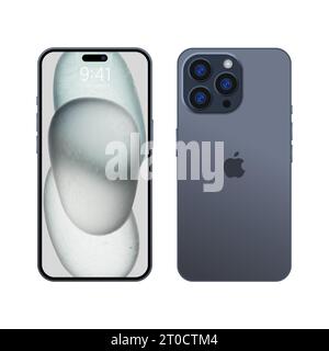 Nouveau iPhone 15 pro, pro max gris foncé bleu ou par Apple Inc. iphone à écran modèle et iphone arrière. Haute qualité. Présentation officielle. Éditorial Illustration de Vecteur