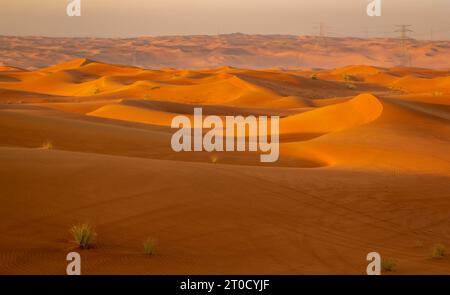 Vue imprenable sur le désert et les dunes de Dubaï. Des gens marchant tôt le matin dans le désert Banque D'Images