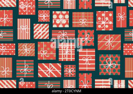 Boîtes-cadeaux abstraites de noël motif vectoriel sans couture. Fond géométrique festif pour paquet, emballage, papier peint, cadeau. Illustration de Vecteur