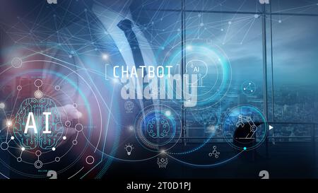 Homme d'affaires montre l'interface globale graphique virtuelle, se connecte au chat avec l'IA. Banque D'Images