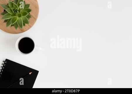 Accessoires d'espace de travail et une plante succulente sur une table blanche. Pose à plat avec espace de copie vierge. Banque D'Images