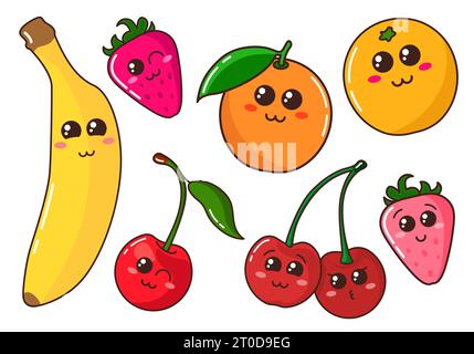 fruits et baies de dessins animés isolés. Jeu de vecteurs. Illustration de Vecteur