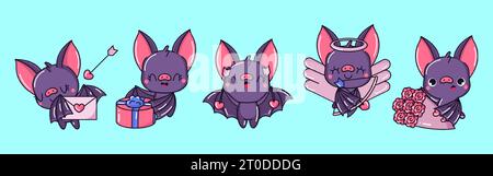 Ensemble d'illustrations Kawaii Bat. Collection d'illustrations d'animaux isolés vectoriels mignons. Illustration de Vecteur
