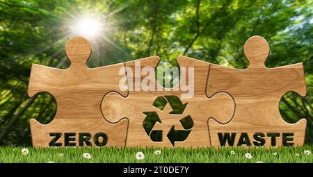 Pièces de puzzle en bois avec texte, zéro déchet et un symbole de recyclage. Sur une prairie verte et une forêt verte sur fond. Concept de ressources durables. Banque D'Images