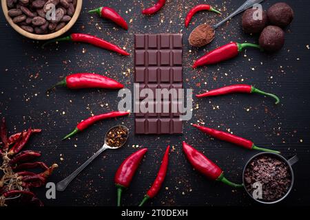 Barre de chocolat noir, piment rouge piment piment de Cayenne, épices piment chaud sec, fèves de cacao en poudre, conception savoureuse de nourriture sur fond en bois noir Banque D'Images