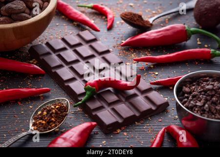 Barre de chocolat noir, piment rouge piment piment de Cayenne, épices piment chaud sec, fèves de cacao en poudre, conception savoureuse de nourriture sur fond en bois noir Banque D'Images
