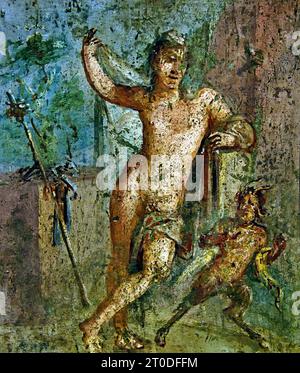 Hermaphrodite 62-79 AD Fresco Pompéi Roman City est situé près de Naples dans la région Campanie en Italie. Pompéi a été enterré sous 4-6 m de cendres volcaniques et de ponce lors de l'éruption du Vésuve en 79. Italie ( l'homme est appuyé contre un mur rocheux et se révèle à un panisque, qui lève ses bras dans la nudité surprise d'Hermaphrodite, Banque D'Images