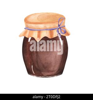 Illustration à l'aquarelle dessinée à la main de confiture de figues dans un bocal en verre. voici 2 options : isolé sur fond blanc et transparent. Banque D'Images