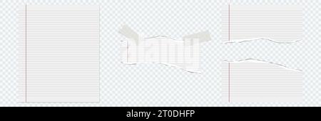 Feuille entière doublée de papier et morceaux de déchirure. Note doublée, papier pour cahier. Morceaux de papier pour bloc-notes avec du ruban adhésif collé sur transparent. Maquette vierge pour p Illustration de Vecteur