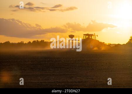 Semis de graines méchinisées au coucher du soleil, dans une ferme du kent octobre 2023. Cette récolte sera récoltée à la fin de l'été 2024 Banque D'Images