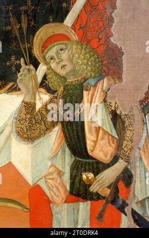 San Ginesio (Italie, Marches, province de Macerata), Galerie d'art municipale de Gentili. Stefano Folchetti, Madone et enfant intronisé avec Saints Benoît, Roch, Sebastian et Bernard, 1492 Banque D'Images