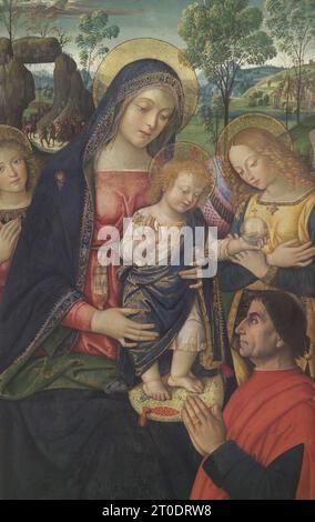 San Sanseverino Marche (Italie, Marches - province de Macerata), Pinacoteca Civica “P. Tacchi Venturi”, Bernardino di Betto, connu sous le nom de Pinturicchio, Madonna et enfant, anges et l'œuvre du commissaire de l'art. Banque D'Images